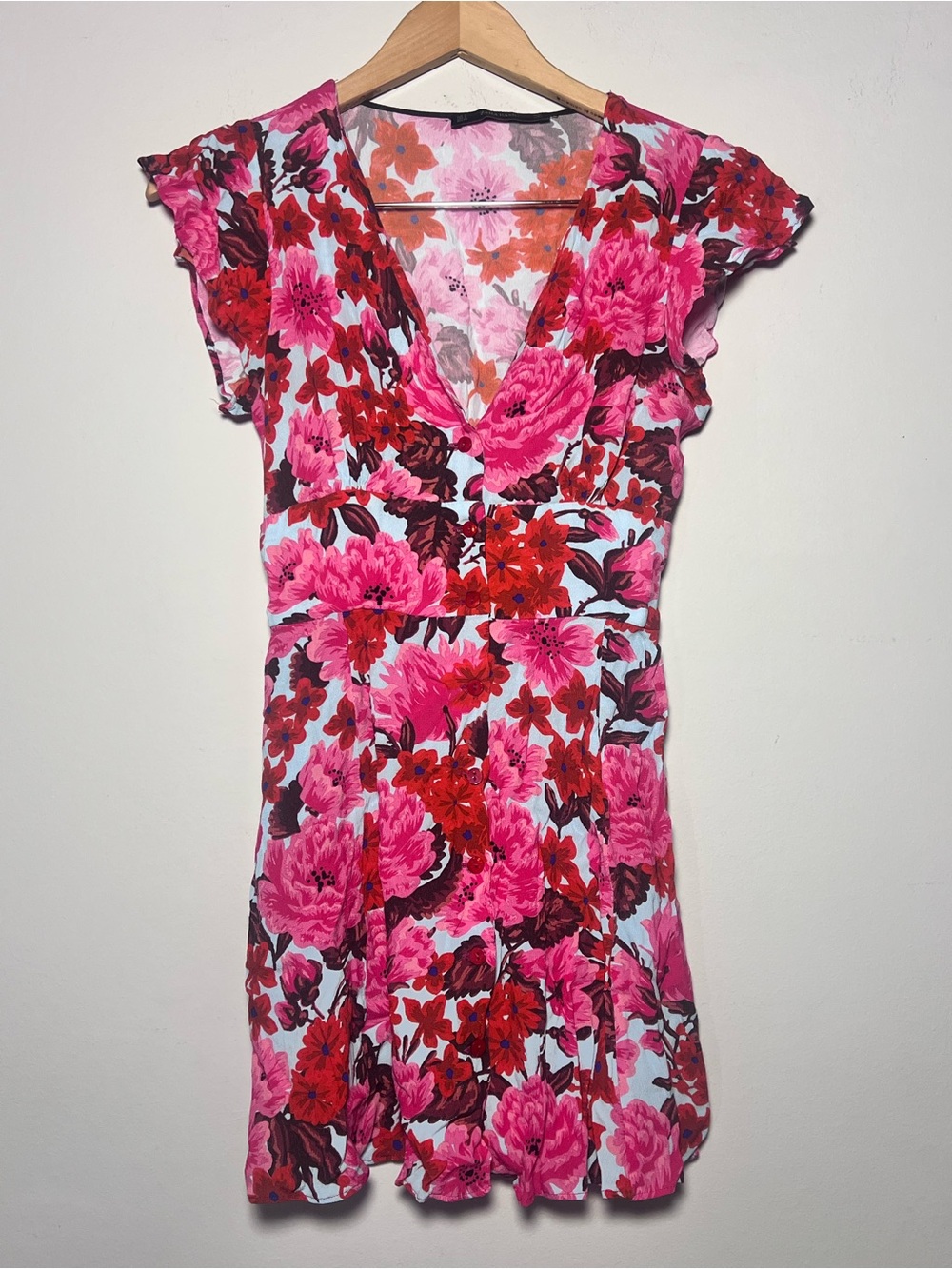 Zara Pink Floral V-Neck Short Sleeve Short Dress Flutter Cap Sleeve Size Small